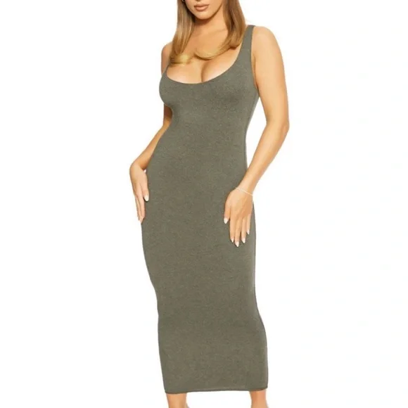 knee length dresses for ladies Knit Mesh Scoop Midi Dress  Naked Wardrobe